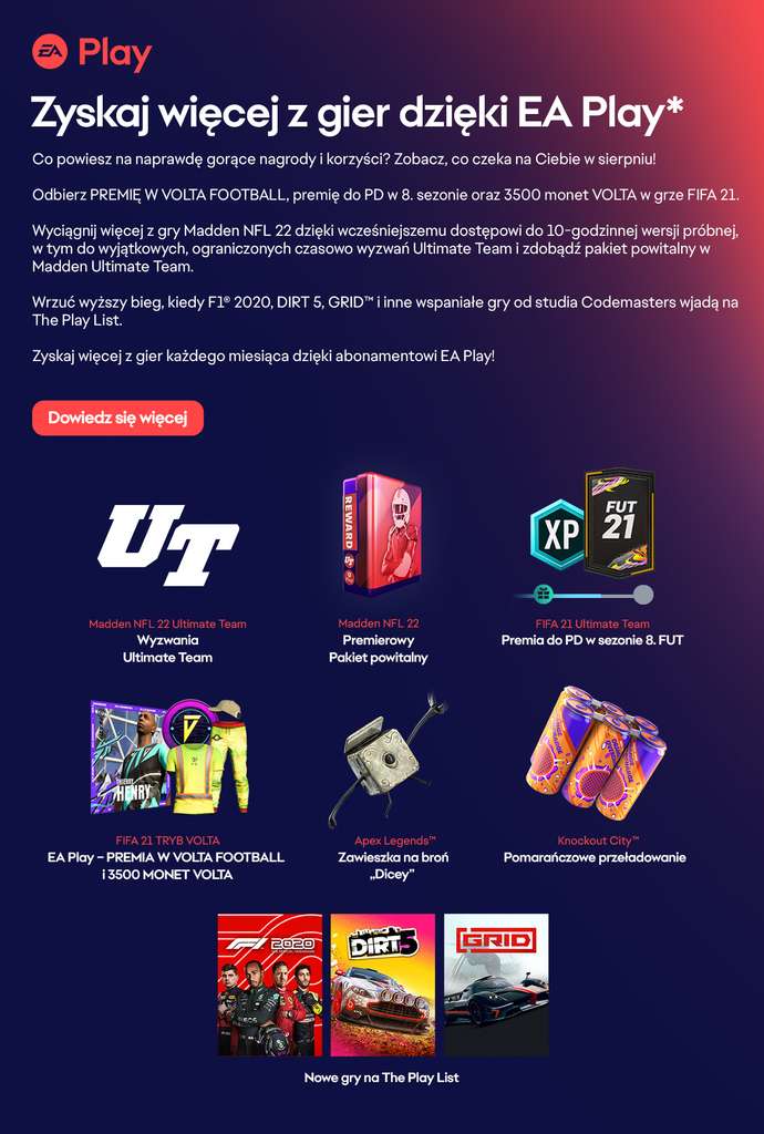 Nowe gry EA Play - GRID, DiRT 5, F1 2020