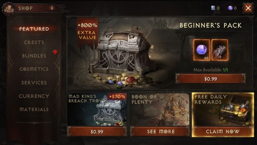Diablo Immortal sklep wewnątrz gry