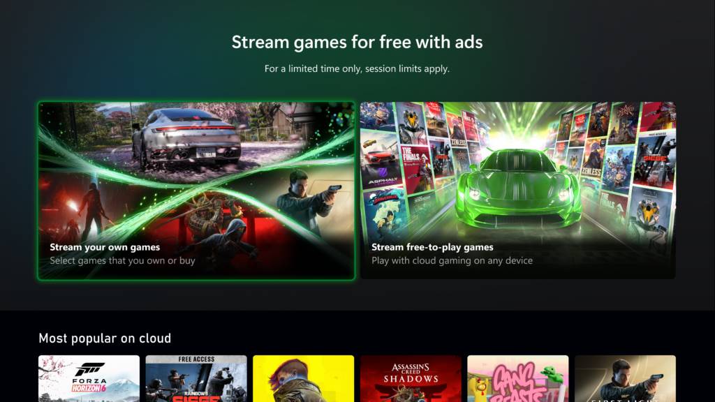 Streaming gier za darmo z reklamami Xbox